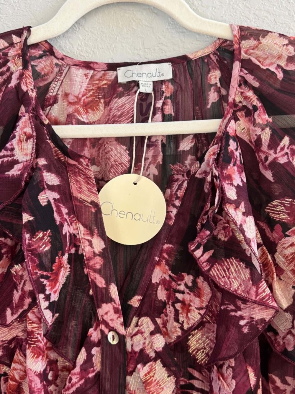 Chenault Floral Ruffle Blouse Burgundy Pink Gold Metallic Size L NWT - Picture 4 of 7